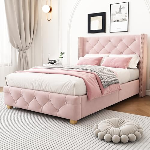 Zravenna Polsterbett 90x200cm, Doppelbett betten mit Lattenrost und Metallrahmen Bettgestell, Polster kopfteil mit Knopf-Nieten-Dekoration, Holzbeine, Samt (Rosa, 90x200cm)