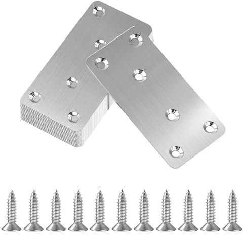 10 Pz Piastra di Giunzione Piana, Piatta Staffa Fissaggio, Piastra Staffa Angolare Piatta Perforato in Acciaio Inox, Connettore di Riparazione, Staffe per Legno Tavoli, con 60 viti, 80x40x1,7 mm