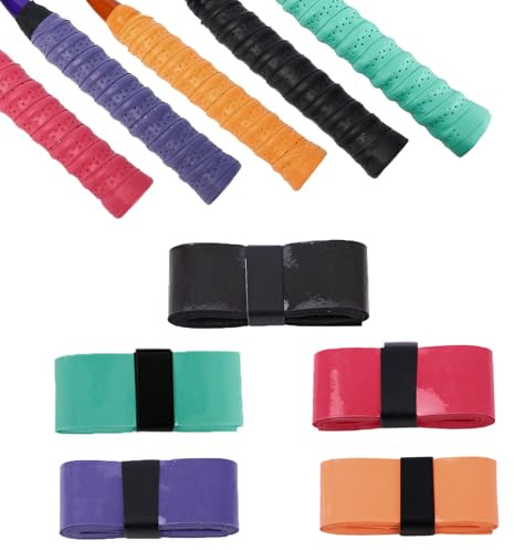 Luoqun88 5 Pack PU Racquet Grip,Tennis/Badminton/Squash/Baseball Replacement Racket Grip Tape Anti Slip Overgrip, Self-Adhesive Breathable Perforated Grips Tape for (5 clolors,2.5 * 110cm)