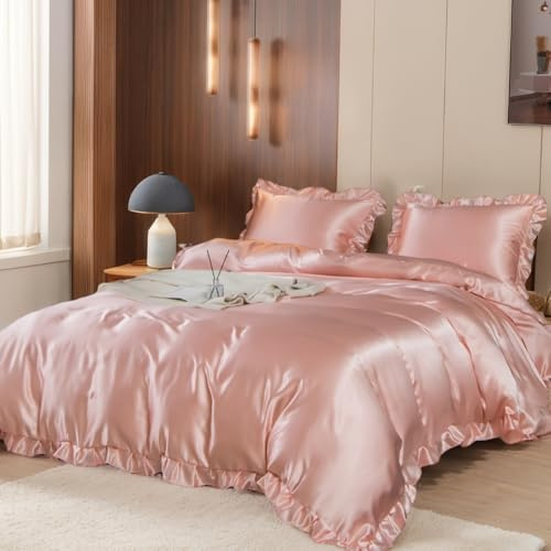 Nayoroom Bettwäsche 155x220 Rosa Seidentuch Bettwäsche-Sets 2 Teilig Altrosa Luxus Mako Satin Rüschen Bettbezug GlänzendAesthetic Seidenbettwäsche mit Reißverschluss und Seidenkissenbezug 80x80 cm
