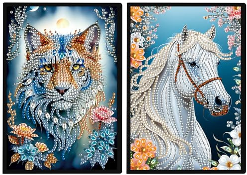 DCIDBEI 2 Pack DIY Diamond Painting Notizbuch Tiger Pferd A5 Blanko Diamant Malerei Tagebuch Skizzenbuch Buchen Strass Handwerk Diamond Painting Notizheft Studenten 50 Blätter