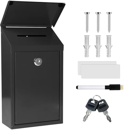 Metal Suggestion Box Donation Box with Slot Drop Box with Lock and Key Collection Box Mailbox Wall Mount Dropbox（10.2×5.6×2.8inch） Ballot Box for Home Office Outdoor （Black）