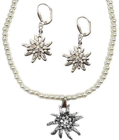Damen Oktoberfest ,Trachtenschmuck-Set Perlen-Trachtenkette und Trachten-Ohrhänger Strass-Edelweiß - Damen-Trachten-Schmuck, Trachtenset Dirndl-Kette und Trachten-Ohrringe in traditionellen Farben