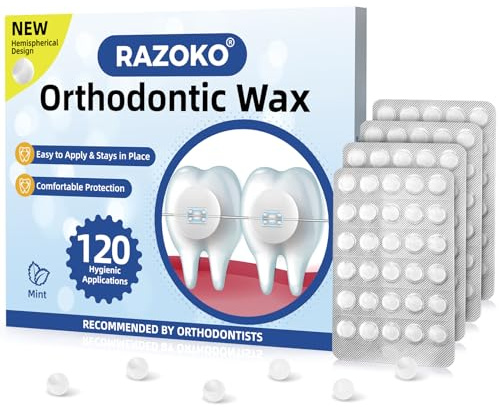 RAZOKO Kiefergerechtes Wachs für Zahnspangen Wax Dots 120 Einzelne Hygieneverpackung Zahnwachs Mint
