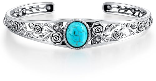 DOLIOX Echter türkisfarbener Vintage-Armreif mit Rosenblüte, Sterlingsilber, Boho-Stil, verstellbarer Armreif, indianischer Schmuck für Frauen, passend für 6,5 bis 7,5 Zoll