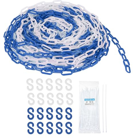 sourcing map Kunststoffkette, 30,5 m, Sicherheitskette, Blau-Weiß, Kunststoff-Kettenglied-Barriere mit Kabelbindern und S-Haken für Menschenmengenkontrolle, Warteschlangenschnur, Zaundekoration