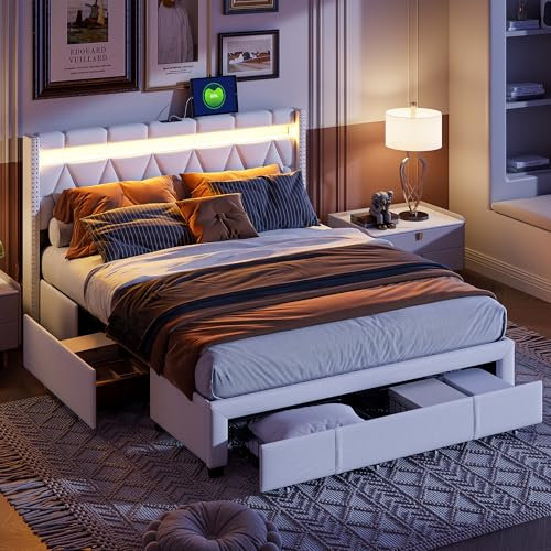 LONELYO Doppelbett, 140 x 200 cm, mit LED-Lattenrost und USB-Anschlüssen, Bett mit Bettkasten 140 x 200 cm, aus Leinenstoff, Beige, 4 Metallauszug-Schubladen, gepolstertes Kopfteil – moderner und