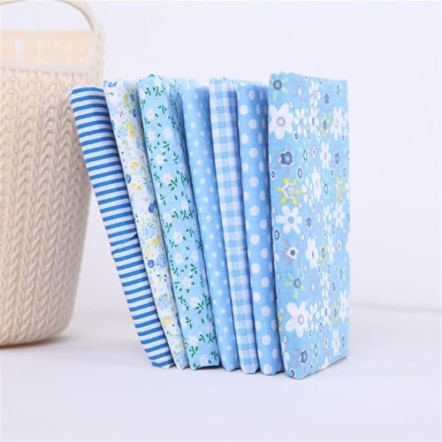 7 Pcs Blue 10 x 10 Cotton Craft Fabric Bundle Squares Patchwork DIY Sewing Scrapbooking Quilting Floral Dot Pattern Craft and Art Hobby Fabric (25cm x 25cm)