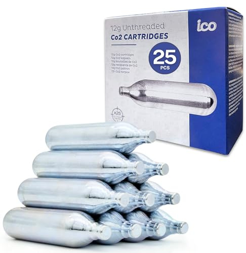 ICO 25 pack 12 gram CO2 Cartridge Non-Threaded, CO2 Cartridge or Airsoft Gas for BB Gun, CO2 BB Pistol, Airsoft Gun, Air Rifle, and Paintball Gun