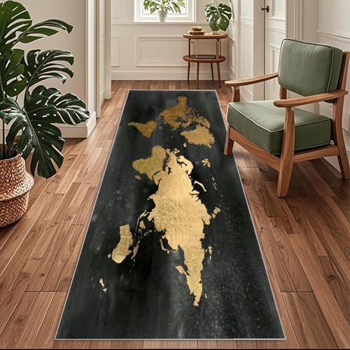 Siunwdiy Schwarz und GoldTeppich Läufer 60x300 cm Abstrakter Vintage- Carpet rutschfest Waschbar Bettumrandung Schlafzimmer, Teppichläufer für Küche, Flur, Eingangsbereich