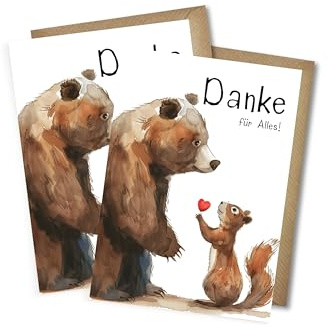 WBdesignz 2er-Set Dankeskarten Danke für Alles! mit Umschlägen - niedliches Bär & Eichhörnchen Motiv – Liebevoll illustrierte Danksagungskarten für Kollegen, Erzieher, Lehrer, Familie (DIN A6)