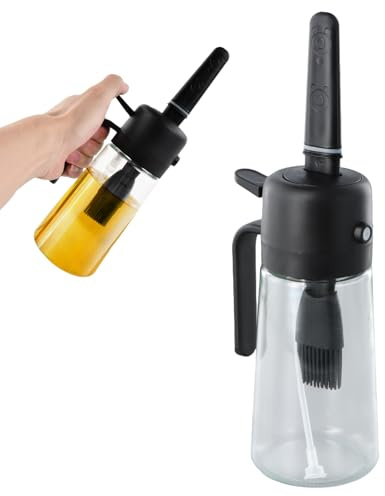 2 en 1 Spray Aceite Cocina, Pulverizador Aceite Spray Freidora Aire, Botella de aceite de Vidrio con Pincel, 470ml Aceitera Antigoteo, Rociador Para Cocinar, Aceitera Spray Pulverizador para Ensalada