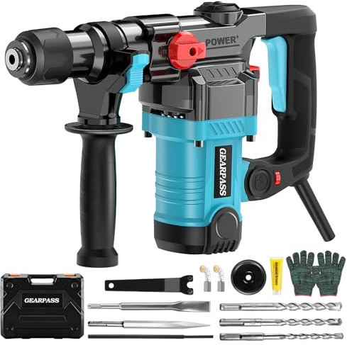 GEARPASS SDS-Plus Bohrhammer, 1500W, 7.4 Joule, 6-stufige Geschwindigkeitsregelung, 3 Funktionen, 1100 U/min, Sicherheitskupplung, Inkl. Bohrer, Flach- & Spitzmeißel, für Beton und Mauerwerk