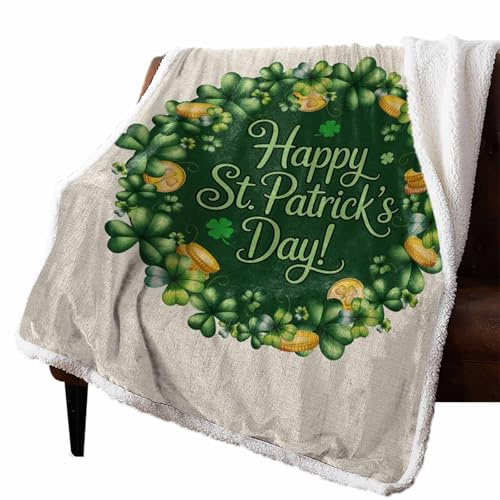 St. Patrick's Day Sherpa Fleece Throw Blanket 40x50, Spring Green Lucky Shamrocks Coin Wreath Linen Texture Fluffy Soft Blanket, Warm Lightweight Throw for Couch Bed Sofa Travel Camping, All-Season