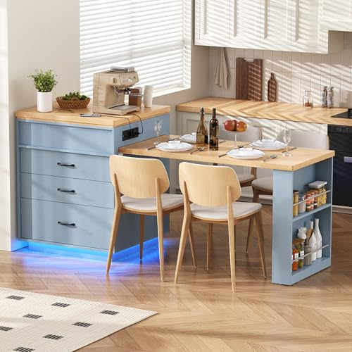 Isla de cocina con ruedas e iluminación LED, mesa de cocina extensible con enchufes USB Type-C, isla de cocina independiente con espacio de almacenamiento, moderno armario de cocina para comedor (LED