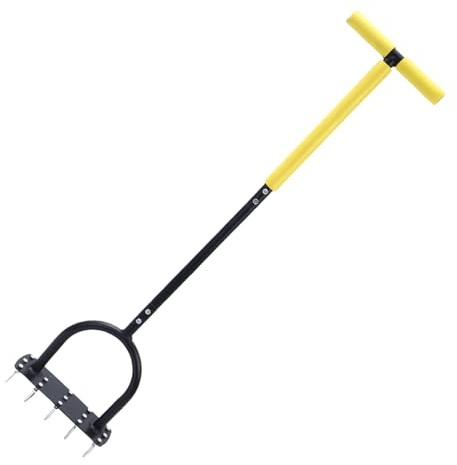 Gräsluftare - manuell skärmaskin för spetsar, gräsmatta med halkfritt T-handtag | 10/15 massiva stålspetsar, 100 cm längd, för att lossa golv, gräs, trädgårdsrengöring, skörd