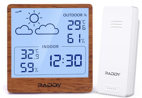 Raddy WF-50T Station Météo Sans Fil Thermomètre Hygromètre Intérieur Extérieur, Moniteur Température Humidité sur Piles, Écran TN 5,0'', Prévisions Météo, Capteur à Distance (Bois Foncé)