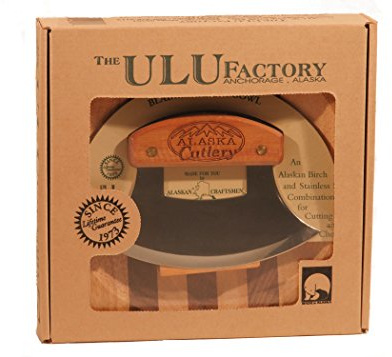 Alaska Ulu Knife Set Curved Knife with Wood Handle plus Chopping Board Mezzaluna Made in Alaska USA Ulu Factory