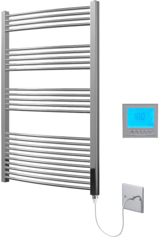 Greened House Chrome Electric Heated Towel Rail 600mm W x 1400mm H + Timer | Curved Design, Includes 7 Day Timer/Thermostat, Bathroom, Towel Warmer
