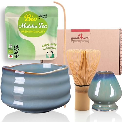 Goodwei Ensemble de Cérémonie Thé Matcha: Bol Céramique, Fouet à Matcha, Cuillère et 30g de Thé Vert Matcha Biologique (Menouseki)