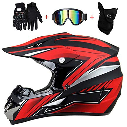 LEENP Motocross-Helm Schwarz Rot Crosshelm Set mit Brillen Maske Handschuhe, Herren Damen Motorrad-Helm Off-Road Downhill-Enduro-Helm-ATV-MTB-BMX Dirt Bikes Quad Motorräder Full-Face Schutz-Helm,A,L