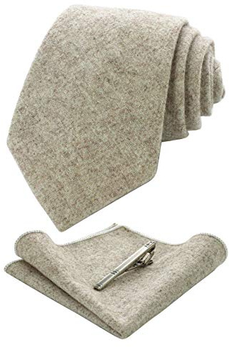 JEMYGINS Kaschmir Wolle Krawatte und Einstecktuch Krawattenklammer Sets für Herren (Beige)