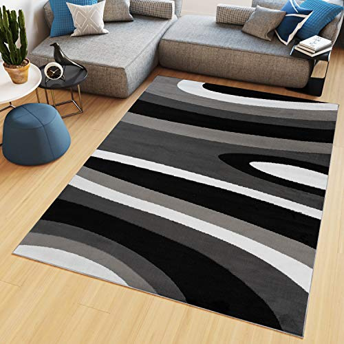 TAPISO Maya Teppich Kurzflor Grau Schwarz Streifen Gestreift 300 x 400 cm | Modern Design Weiß Wohnzimmer Schlafzimmer Büro oeko-tex