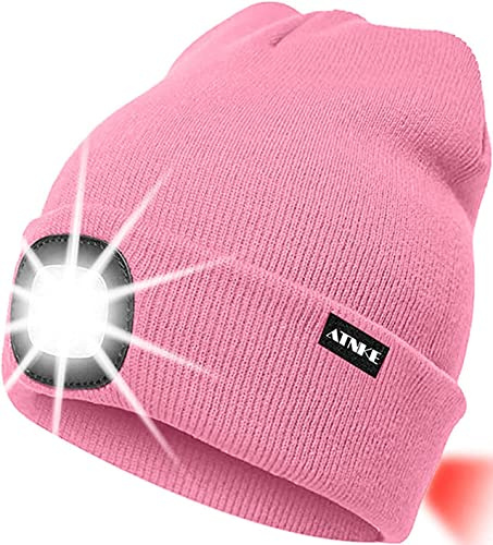 ATNKE 8LED beleuchtete Strickmütze, wiederaufladbare USB-Scheinwerferkappe mit extrem Heller, wasserdichter Lampe und Blinkender Alarm Rotes Rücklicht Multi-Color