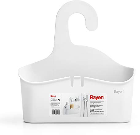Rayen - Cesta Doccia Colgante con Gancio Frontale, Drenaggio e Design Senza Fori per Bagno, Multiuso, 28 x 8 x 28 cm, Bianco