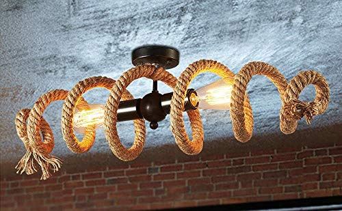 LED E27 Deckenleuchte Retro Hanfseil Vintage industrial Design Deckenlampe Schlafzimmer Landhaus Rustikal Wohnzimmer Arbeitszimmer Küchen Lampe Rechteck Spiral-Ring Antik Wandleuchte 2-flammig D70cm