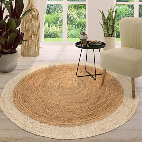 TT Home Jute Teppich Rund Wohnzimmer Esszimmer Boho Modern Handgemacht Mit Umrandung, Farbe: Elfenbein, Größe:80 cm Rund