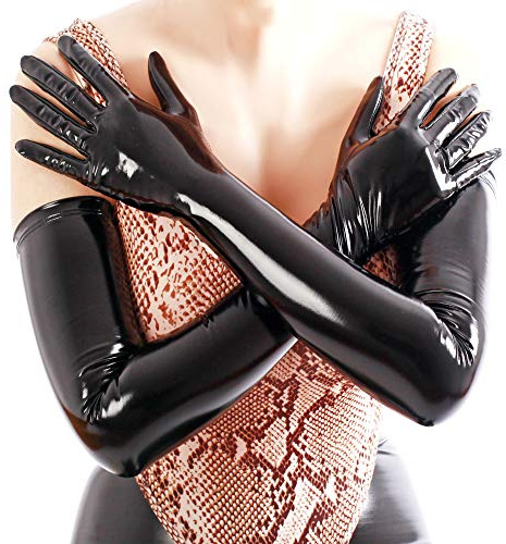 Ftshist Damen Glänzende Lange Handschuhe Kunstleder Wetlook Armlänge-Handschuhe für Damen