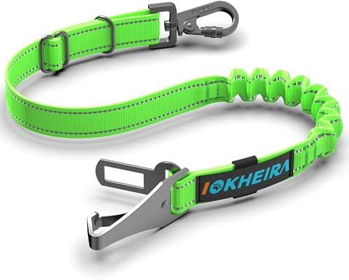 IOKHEIRA Hunde Sicherheitsgurt für Auto, Hundegurt fürs Auto Sicherheitsgeschirr Einstellbarer mit Universalstecker & Befestigung der Verriegelungsstange (Neongrün)