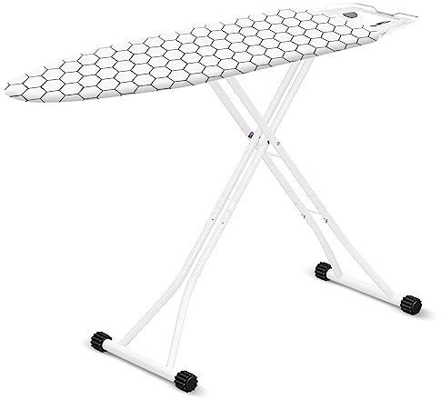 Hibtn Ironing Board, 110 x 30cm - T Leg Design Folding Non Slip Adjustable Height 85-92cm Lightweight Iron Board Rack, Black and White Stripes