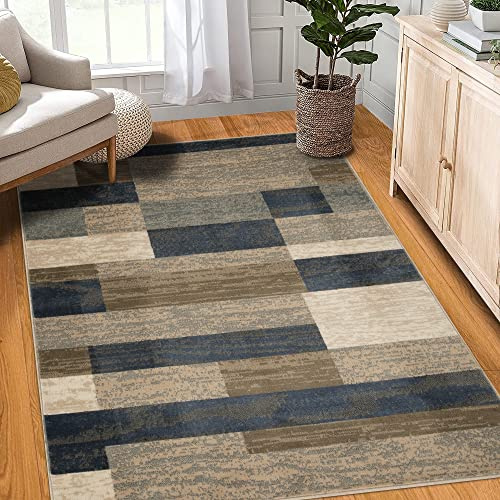 BNM Indoor Area Rug, Jute Backing, Modern Geometric Patchwork Floor Decor for Bedroom, Office, Living Room, Entryway, Hardwood Floors, Carpet Cover, 5' x 8', Midnight Navy