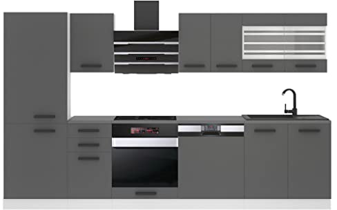 Belini Küchenzeile 300 cm Cindy, ohne Arbeitsplatten, Silber matt