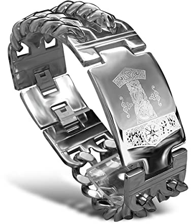 bahamut Mens Viking Odin Gungnir Mjolnir Stainless Steel Cool Cuban Chain Link Bracelet for Men,Norse Cuff Wristband Jewelry (Silver Mjolnir)
