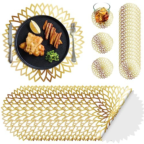 Geosar 200 Disposable Paper Placemats and Coasters Set Summer Hawaiian Luau Placemat with Coasters Outdoor Indoor for Greenery Jungle Dining Table Decoration Shower Birthday(Gold Round)