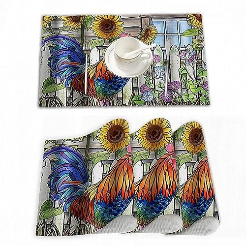 Platzset, Satz von 4 Platzsets 30x45 cm,Hahn Hahn und Sonnenblume Bauernhaus Holzhaus Rustikal,Gewebte Vinyl-Tischsets, waschbare und langlebige Tischsets, Tischsets für den Innen und Außenbereich