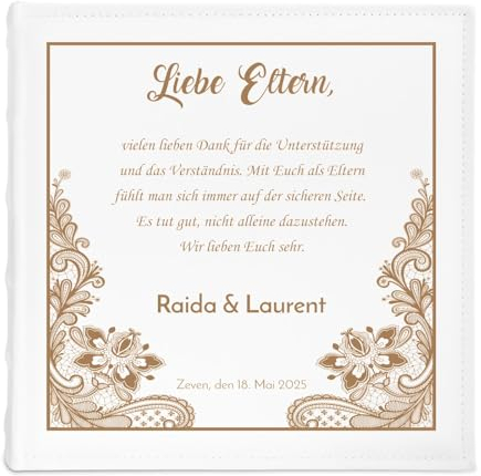 Maverton personalisiertes Einsteckalbum für 500 Fotos - Familienalbum 10x15 cm - weißes Erinnerungsalbum mit Einstecktaschen für Paar zum Hochzeitsjubiläum - 33x33cm