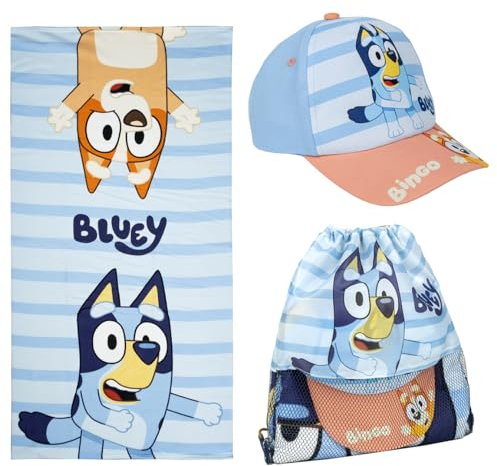 CERDÁ LIFE'S LITTLE MOMENTS Set Infantil Bluey con Toalla, Gorra y Saquito – Toalla Bluey Diseño Oficial, Ideal Playa y Piscina - Gorra Bluey Niños Máxima Cómodidad