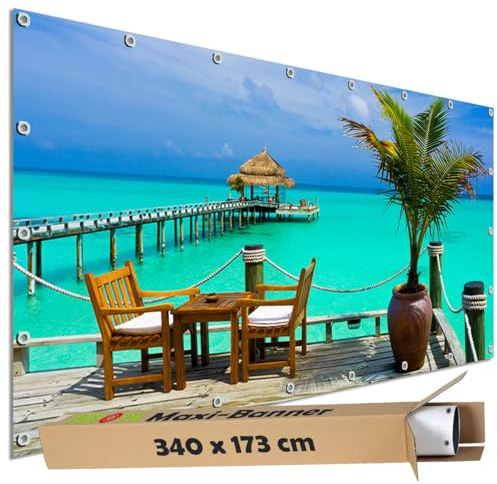 TRIOSK Sichtschutz Garten Dekoration Plane groß mit Motiv Meer Karibik Strand Bar Motivbanner blickdicht für Terrasse Zaun Gartenzaun Gartenposter PVC Zaunblende 340x173 cm