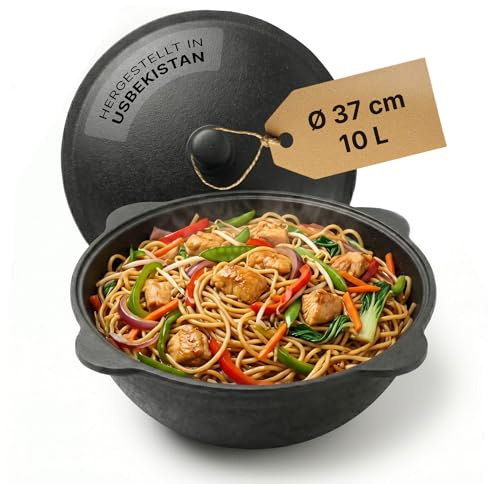 Kazan aus Gusseisen 10 L mit Aluminium Deckel - Original usbekischer Kasan Namangan Schwenktopf Camping Kessel Uzbekisch Cast Iron Dutch Oven Usbek Asia Topf Feuertopf