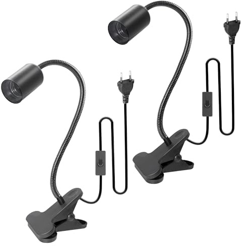 2 Stück E27 Klemmleuchte mit Stecker und 240 CM Kabel, 360°Verstellbarer 35 CM Schwanenhals Lampe, Lampenfassung mit Clip, Klemmleuchte mit Schalter, Klemmlampe mit Stecker, Bettlampe für Schlafzimmer