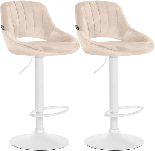 CLP Barhocker 2er Set höhenverstellbar mit Lehne Milet, Barstühle gepolstert Samtbezug, Tresenstühle mit Metallgestell drehbar Farbe Creme Material Gestell Metall matt Weiss