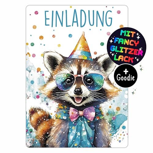 CALLUNA® Waschbär GLITZER Einladungskarten Kindergeburtstag Mädchen & Junge – 12 Stück – Witzige Waschbär Geburtstag Einladungen mit buntem Glitzerlack – Einladung für Kinder & Teenager (ohne Hüllen)