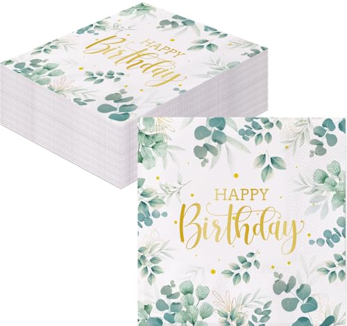 40Stück Servietten Geburtstag Deko,Tischdeko Geburtstag Eukalyptus,Kommunion, Taufe Happy Birthday Napkins Papierservietten Papier Napkins für Party FarbeGrün Golden Größe Ist 33x33cm