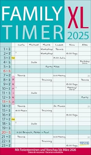 Family-Timer XL türkis - Familienplaner 2025 für 6 Personen - Korsch-Verlag - Kalender mit 6 Spalten zum Eintragen - 27 cm x 46 cm