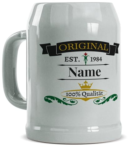 Tassendruck Bierkrug selbst gestalten mit Name & Jahr - Original - Personalisiertes Geschenk für Biertrinker, Bier Geschenke, Bierkrug bedrucken, Bierliebhaber | Fotogeschenk, 500 ml, Keramik Grau