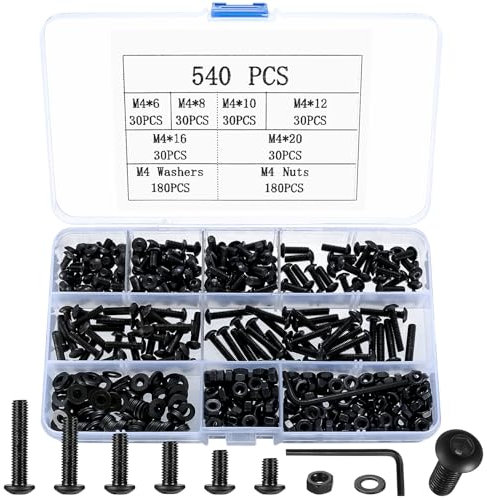 540 Pz Kit di Bulloni e Dadi, M4 Set di Viti a Testa Cilindrica con Esagono Incassato e Dadi e Rondelle, Vite a Testa Esagonale Incassato, Bulloni Viti a Testa Bottone Brugola Kit, Nero